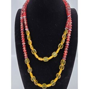 Vintage Long Beaded Necklace Red Faceted Art Glass Yellow Flat bead Opera Length